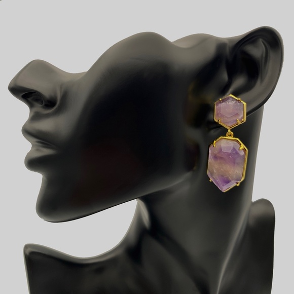 Amethyst Gemstone Gold-toned Dangle Earrings, Bohemian Style Jewelry - Picture 2 of 3